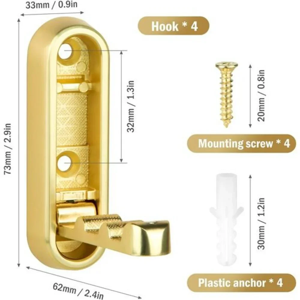 Gold Wall Hooks Foldable Heavy Duty Coat Towel Bag Backpack Hangers Set of 4 Pc